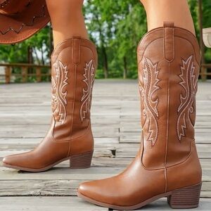 Stylish Tan Western Heeled Boots